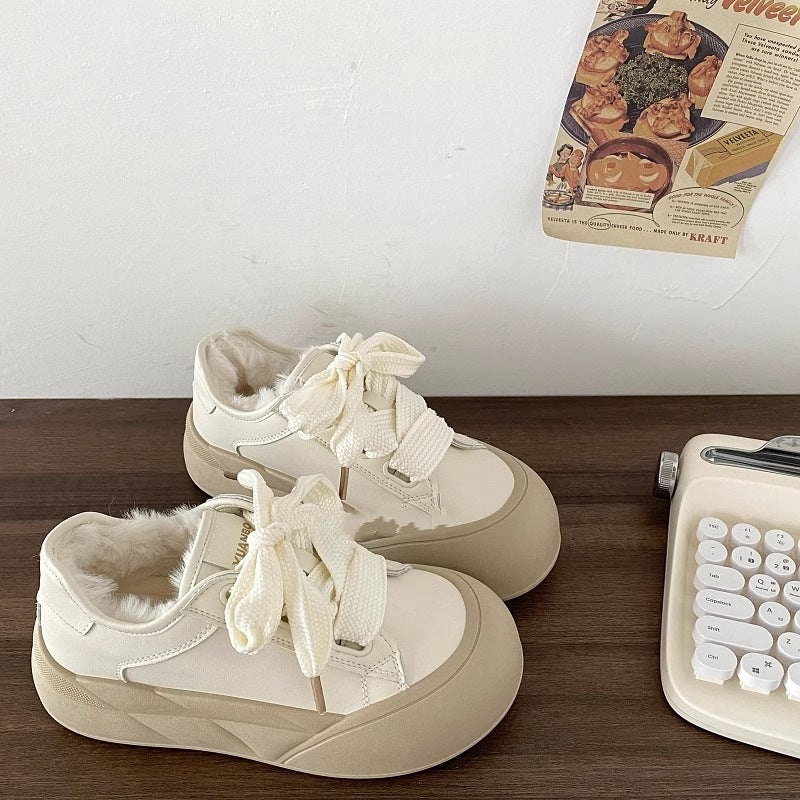Faux Fur Lined Chunky Sole Sneakers with Ribbon Lace