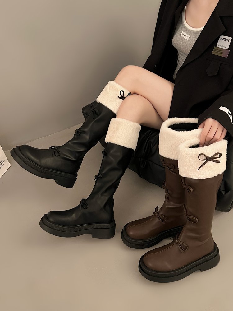 Ribbon Detail Fluffy Knee-High Boots
