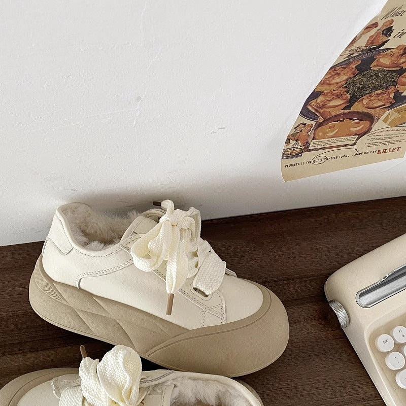Faux Fur Lined Chunky Sole Sneakers with Ribbon Lace
