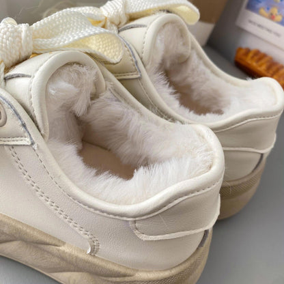 Faux Fur Lined Chunky Sole Sneakers with Ribbon Lace