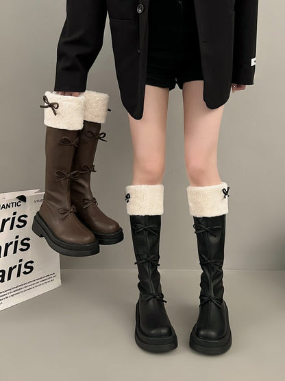 Ribbon Detail Fluffy Knee-High Boots