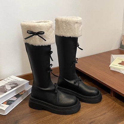 Ribbon Detail Fluffy Knee-High Boots