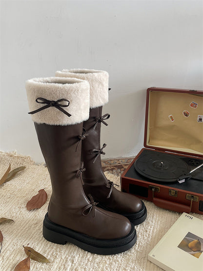 Ribbon Detail Fluffy Knee-High Boots