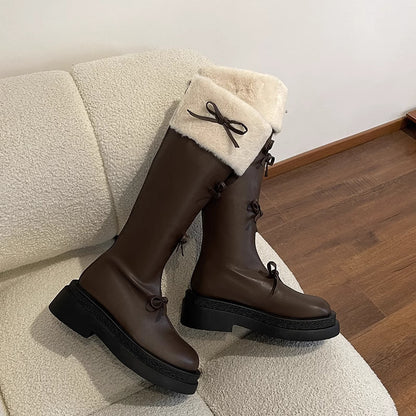 Ribbon Detail Fluffy Knee-High Boots