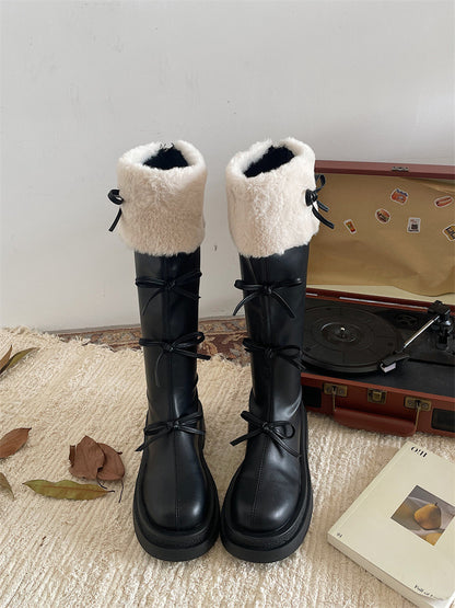 Ribbon Detail Fluffy Knee-High Boots