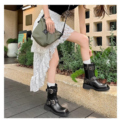 Western Buckle Square Toe Ankle Boots