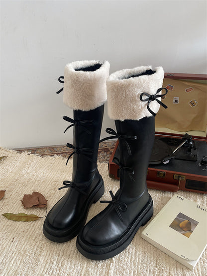 Ribbon Detail Fluffy Knee-High Boots