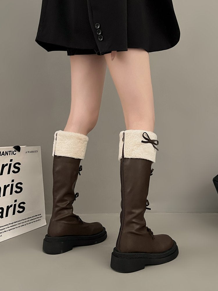 Ribbon Detail Fluffy Knee-High Boots