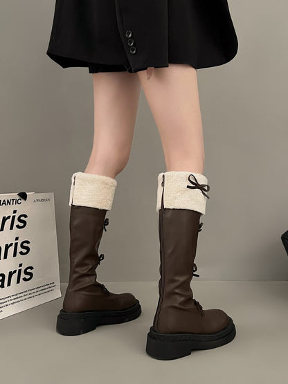Ribbon Detail Fluffy Knee-High Boots